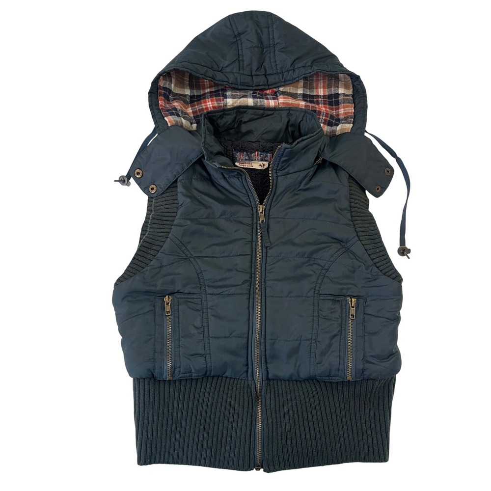 Vintage Y2K Free People Sherpa Lined Puffer Vest Detachable Hood Teal Blue Small